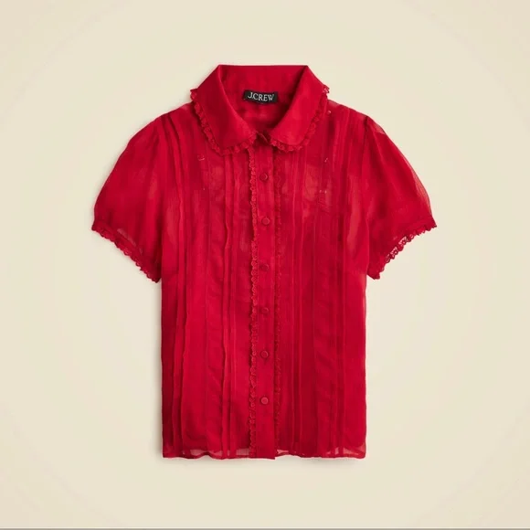 J.Crew Sheer lace-trim button-up Vibrant Red Cap Sleeves Blouse Women’s Size 6 - Picture 12 of 12